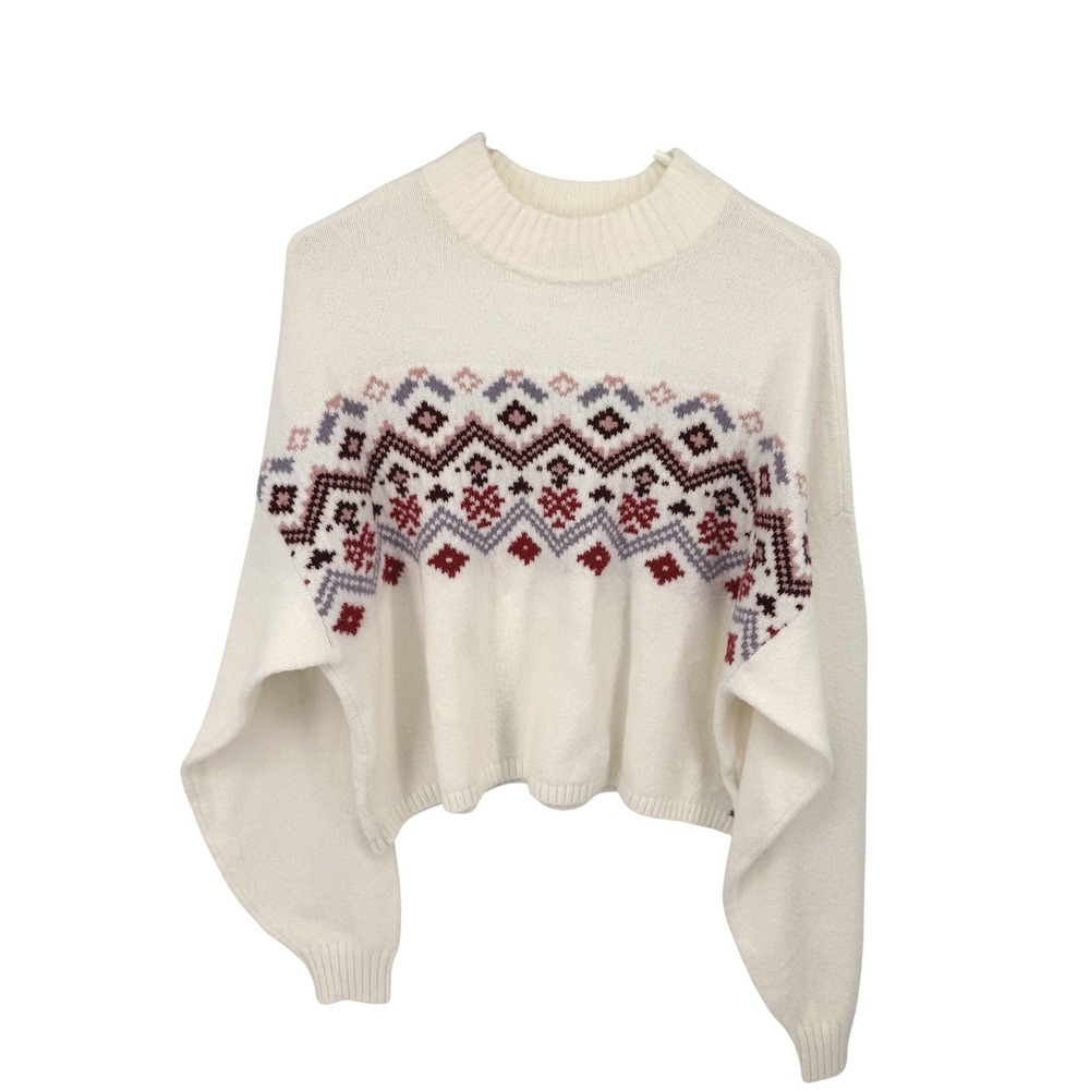 Hollister Cream‎ Fair Isle Mock Neck Sweater Women's Size L Cropped Boxy Cozy